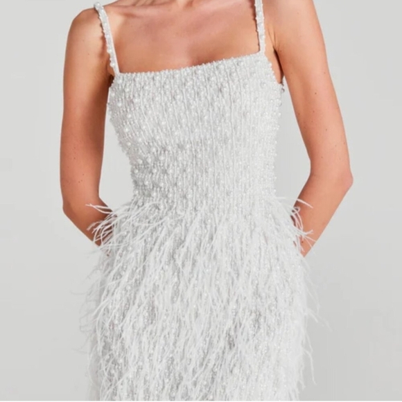 NWT Nadine Merabi Carrie Ivory White Beaded Feather Cocktail Dress Size 8/M - Picture 11 of 16